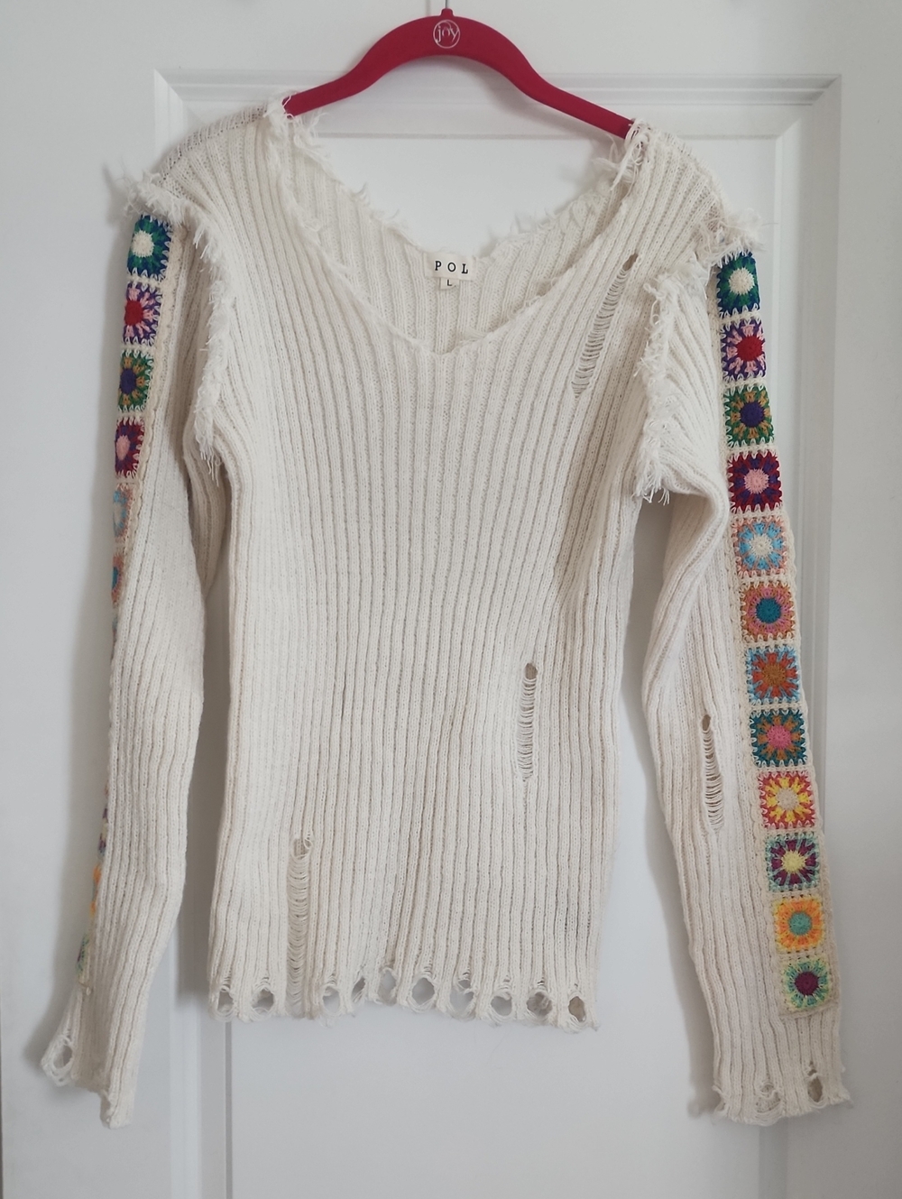 Cream V-Neck Ribbed Sweater with Multicolor Crochet Sleeve Panels